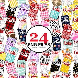 Op de afbeelding: Een verzameling Diet Coke-blikjes met diverse patronen, waaronder ruitjes, bloemen en dierenprints. De afbeelding bevat een centrale afbeelding met de tekst "24 PNG FILES INSTANT DOWNLOAD."