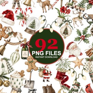 Puede incluir: Una colección de ilustraciones navideñas en acuarela que incluye a Santa Claus, renos, hombres de jengibre, bastones de caramelo, una bola de nieve, adornos, luces, un tren, una taza y una botella con el texto 92 PNG FILES.