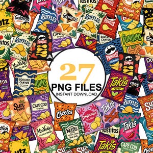 May include: A digital collection of 27 snack food bag illustrations featuring various brands like Ruffles, Pringles, Takis, Doritos, and Cheetos. The graphic includes the text 27 PNG FILES INSTANT DOWNLOAD in the center of the colorful snack assortment.