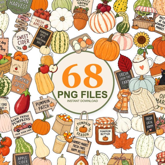 Fall Farmers Market Clipart Bundle PNG | Autumn Pumpkin Spice Apple Cider Cute Cozy Clipart | Tote Bag Sayings Digital Download