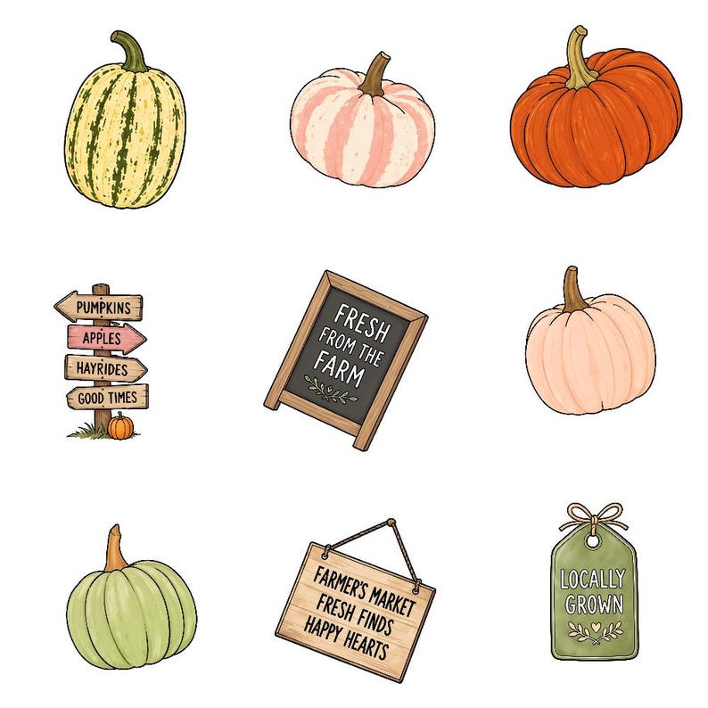 May include: A collection of digital illustrations featuring various pumpkins in shades of orange, green, and white, a wooden signpost with text, a chalkboard sign reading FRESH FROM THE FARM, a hanging wooden sign, and a green tag labeled LOCALLY GROWN.