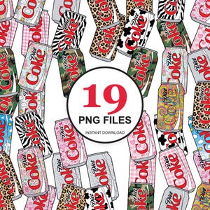 Può includere: Una collezione di lattine di Coca-Cola Light con vari motivi, tra cui stampe animalier, disegni floreali e cuori. L'immagine presenta una grafica centrale con il numero "19" e il testo "PNG FILES" e "INSTANT DOWNLOAD".