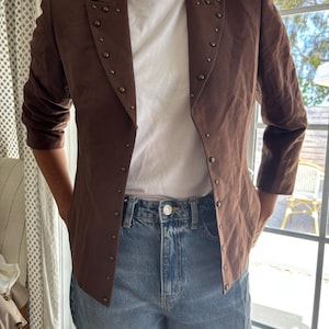 Vintage KASPER Milk Chocolate Brown Studded Linen Blazer | Open Front Tailored Jacket | Chic Lightweight Layering Piece, Size 8