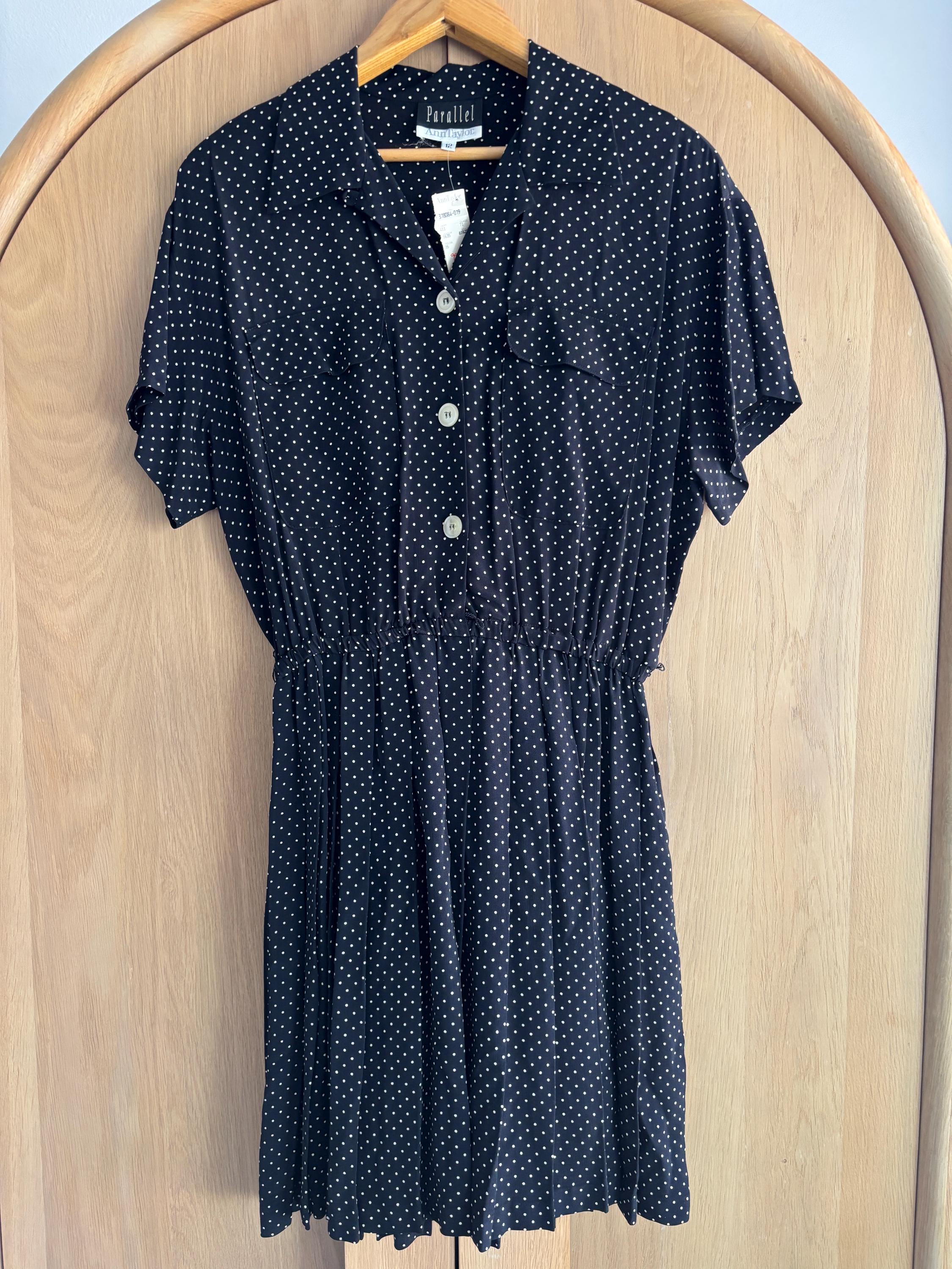 ann taylor blue polka dot dress Vintage 90s Navy Rayon | Made in USA Shirt Dress | Belted Midi Dress | Size 12 Vintage Women’s Dress Size:Adult | M6 Tall black Party & Bridesmaid Gown Elastane Lining 100%