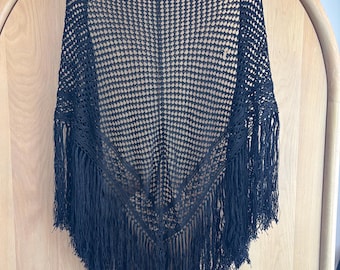Vintage Black Fringe Shawl Crochet Mesh Wrap Boho Festival Cover Up Triangle Scarf