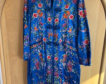 Vintage Chinese Embroidered Jacket | Blue Floral Qipao | Cheongsam Jacket | Satin Asian Coat | Mandarin Collar, Frog Closure | XS/S