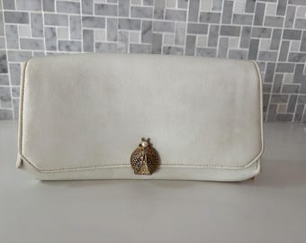 Vintage White Clutch Purse with Gold Ladybug Clasp | Mid Century Evening Bag| Novelty Bug Handbag| Esta of Miami