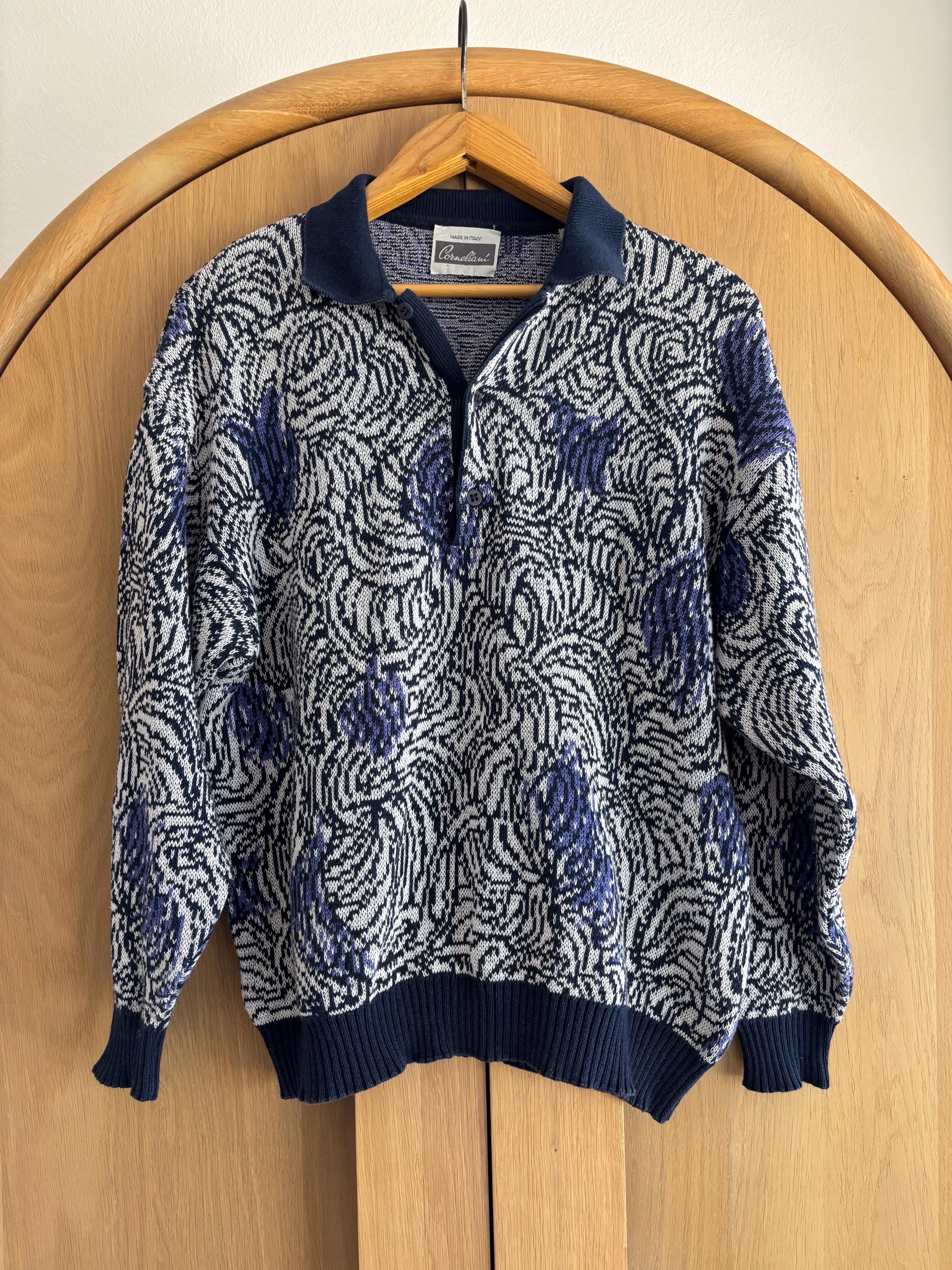 Corneliani, Vintage 1990s Corneliani Knit Polo Sweater Made in Italy Abstract Jacquard Cotton Men’s Medium