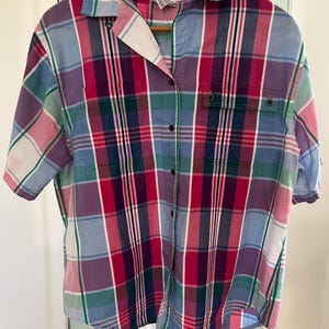 Vintage Koret City Blues Plaid Button-Up Shirt – Multicolor Short Sleeve – Size Large