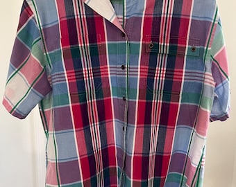 Vintage Koret City Blues Plaid Shirt | Jewel Tone Button-Up Top (Women's Medium)