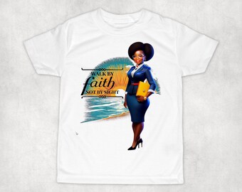 May include: White t-shirt with a graphic of a woman in a blue suit holding a yellow folder. The text "Walk by faith not by sight" is printed on the shirt.