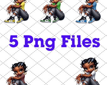 May include: Five digital illustrations of a cartoon character with black hair, wearing a different colored shirt and sneakers in each image. The character is sitting with their legs crossed and has a mischievous expression on their face. The background is a white checkered pattern.