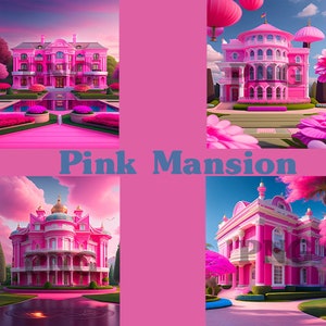 May include: A collage of four pink mansions with various architectural styles. The mansions are set against a backdrop of pink skies and lush landscaping. The text "Pink Mansion" is displayed in blue letters.