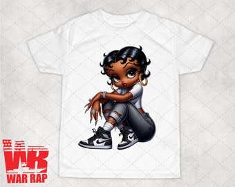 May include: White t-shirt featuring a cartoon illustration of a woman with dark hair, gold hoop earrings, and a stylish outfit. The character is wearing a white top, ripped jeans, and black and white sneakers. The shirt has the text "WAR RAP" in red.