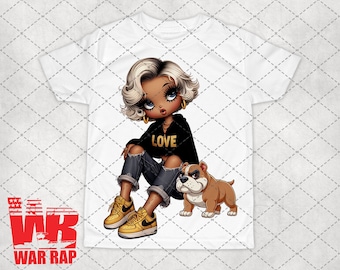 May include: A white t-shirt with a cartoon illustration of a young woman with blonde hair wearing a black hoodie with the word "LOVE" on it, blue jeans, and yellow sneakers. She is sitting with a brown and white bulldog.