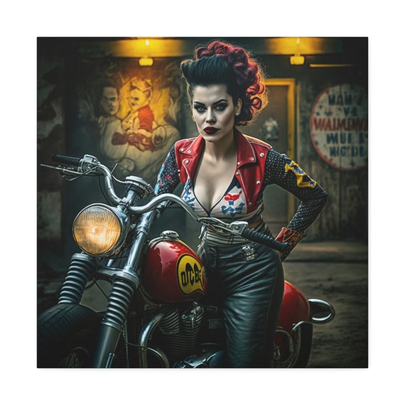 Rockabilly Greaser Girl on Motorcycle Canvas Art 