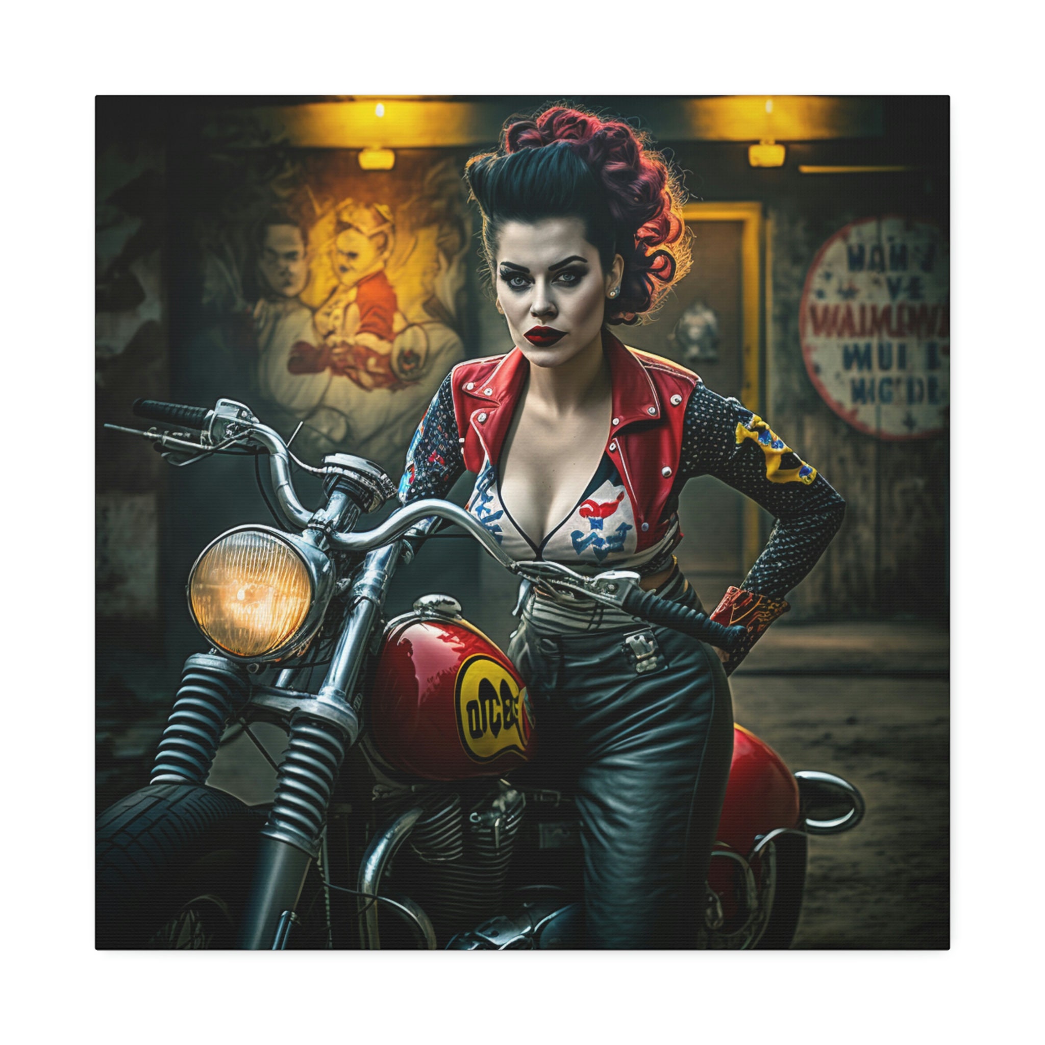Rockabilly Greaser Girl on Motorcycle Canvas Art