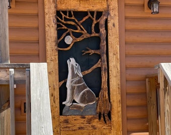 Rustic Hand Carved Wolf Howling at the Moon Screen Door