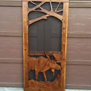 Rustic Hand Carved Wooden Moose Screen Door