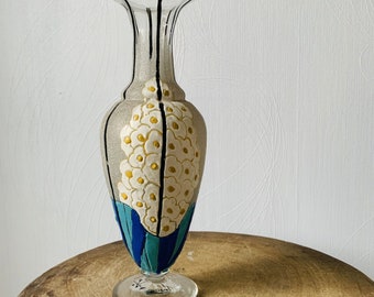 Vase en verre et émail à décor de fleurs art-déco signé mazoyer