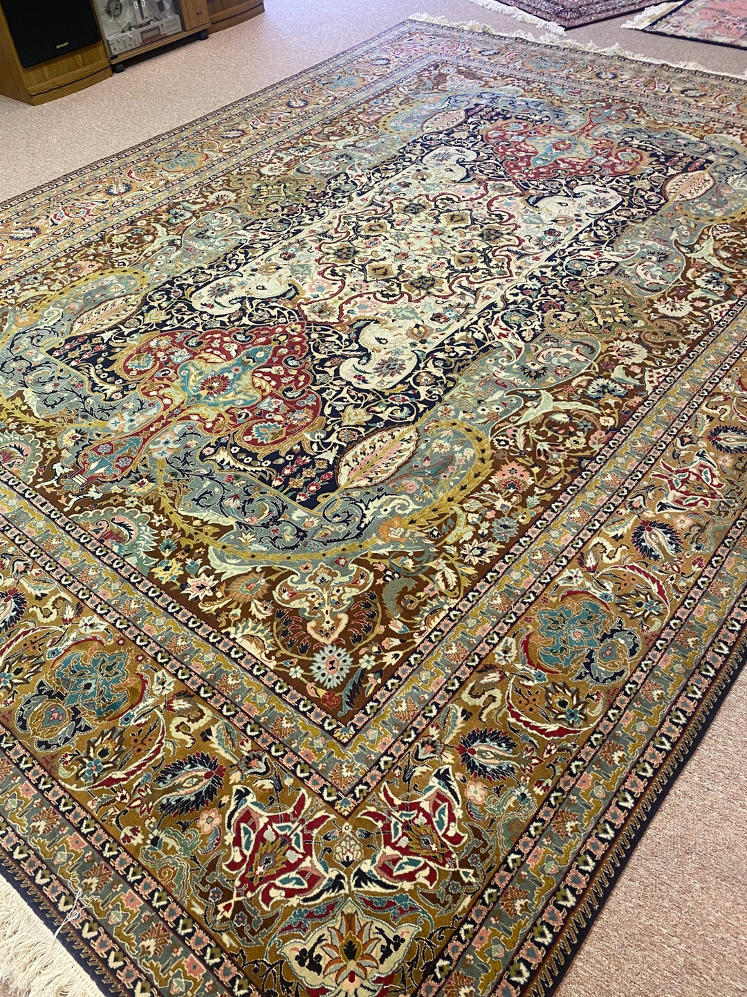 9 X 12 Vintage Green Tabriz Rug Etsy