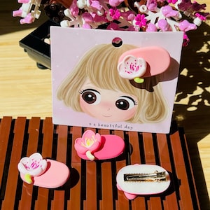 Cherry Bloom Hair Clips For Kids, Pink Color Hair Clips, Sakura Clips, Floral Clips For Girls.