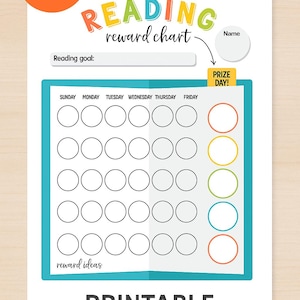 May include: A printable reading reward chart with a teal border and colorful text. The chart includes spaces for daily tracking, a reading goal section, and a prize day section. The words "Instant Download" are in an orange circle.