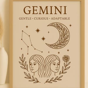 Gemini Zodiac Sign Wall Art Printable – Celestial Gemini Astrology Decor, Boho Twin Constellation Digital Download, Gemini Gift for Her