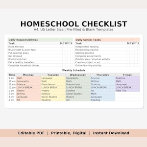 Editable Homeschool Planner | Daily & Weekly Checklist Printable | Kids Routine Chart | Digital School Schedule PDF