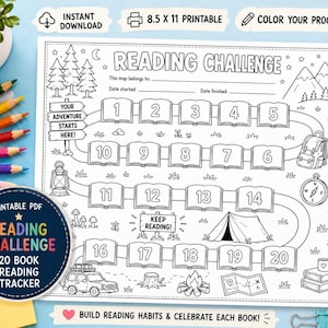 May include: A black and white printable reading challenge tracker sheet featuring a path of twenty numbered book icons, camping illustrations, and text including Reading Challenge, Your Adventure Starts Here, and Keep Reading, sized 8.5 x 11 inches.