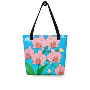 Pink Orchid Flower Tote Bag – 15x15&quot; Reusable All-Over Print Tote – Bright Floral Bag – Retro Anime Orchid Design – Unique Gift for Gardener