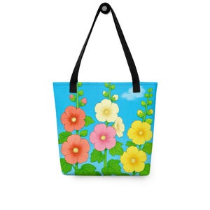 Colorful Hollyhock Tote Bag – 15x15&quot; Reusable Polyester Shoulder Bag with Retro Floral Design