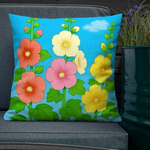 Hollyhock Flower Pillow Retro Floral Bedroom Living Room Home Decor Gift