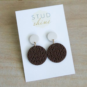Knit Dangle Earrings | Solid Stud with Brown Sweater Polymer Clay