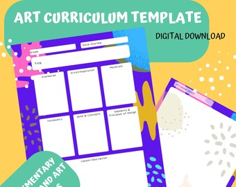 May include: A printable art curriculum template with colorful abstract shapes and text that says "Art Curriculum Template" and "Digital Download". The template is designed for elementary teachers and art educators. It includes sections for grade, title, standards, artist inspiration, materials, vocabulary, skills and concepts, elements and principles of design, lesson description, date started, and date completed.