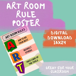 May include: A colorful poster with the words "Art Room Rules" and the letters "ART" in large, bold letters. Each letter has a rule written next to it: "Aim to do your best", "Respect others", and "Take care of the tools". The poster is designed for a classroom.