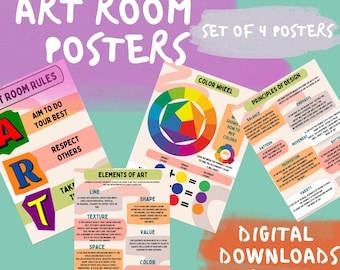 Carteles del aula de arte / Juego de 4 / Teoría del color / Decoración del aula / Elementos de arte / Rueda de colores / Principios de diseño / Reglas de la sala de arte