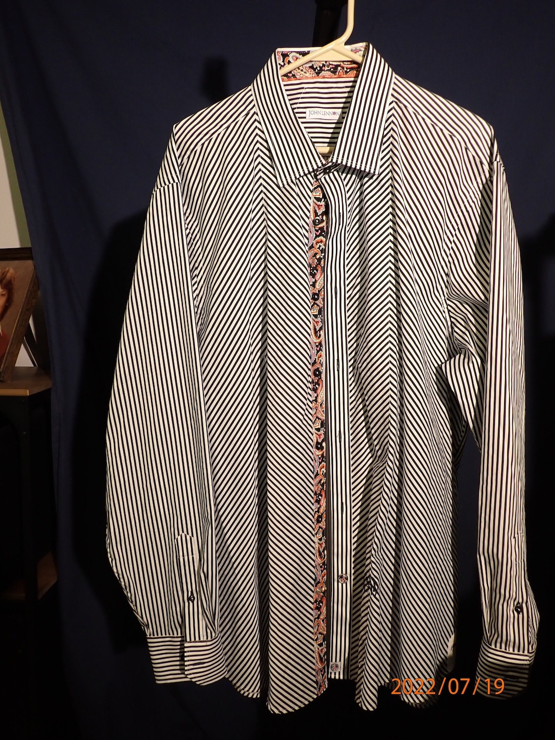 john lennon men's dress shirts John Lennon Men's Button Front Dress Shirt White w Geen/Purple Stripe Medium
