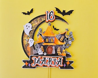 Topo de bolo de Halloween que brilha no escuro: Shaker de casa assustadora personalizado