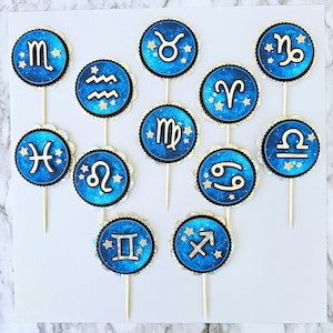 Zodiac Sign Cupcake Toppers | Set of 12 Constellation Toppers | Horoscope | Celestial | 3D Toppers | Party Decoration | Birthday