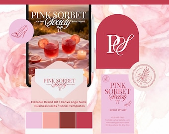 Pink Sorbet Society Brand Kit, bearbeitbare Canva Logo Set, Visitenkarten (Digitaler Download)