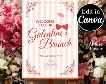 Pink Galentine's Day Poster | Brunch Party Welcome Sign | Editable Template | Digital Canva Download