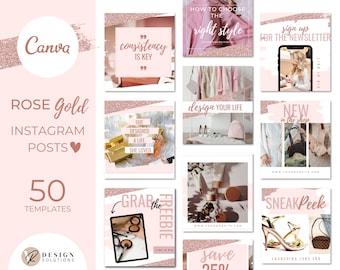 50 Rose Gold Beauty Fashion Instagram Post Templates, Canva Templates, Instant Download