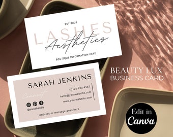 May include: A beige and white business card with the text "LASHES Aesthetics" and "EST 2003" at the top. The bottom half of the card has the text "SARAH JENKINS" and contact information including a phone number, email address, website address, and social media handles.
