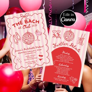 Modèle d'itinéraire de week-end de célibataire | L'invitation sur toile du Club Bach 2025 | Carte modifiable d'itinéraire et de détails | EVJF rétro rose