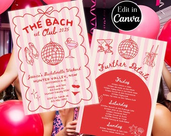 Retro Bachelorette Itinerary Template | Pink Hen Party Invite | Editable Canva Design | Instant Download