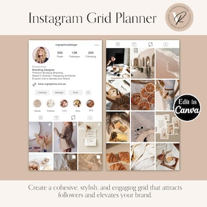 Op de afbeelding: Instagram Grid Planner met een raster van afbeeldingen in beige tinten. De tekst luidt "Instagram Grid Planner" en "Edit in Canva". De planner bevat een profielweergave met de tekst "vrgraphicsdesign" en "Branding Designer."
