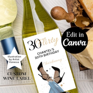 THIRTY AND FLIRTY Minimalist 30th Birthday Party, Wine Gift Label, Wine Label Template, Personalized Wine Label, Custom Wine Label