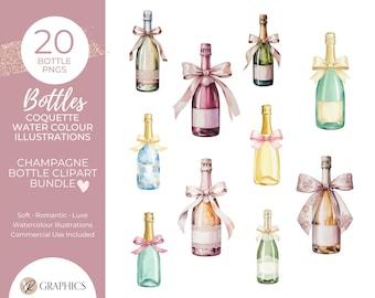 Champagne Bottle Watercolour PNG Bundle – Coquette Bow Bottles, Blush Luxe Clipart