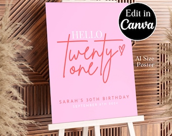 21st Birthday Party Poster: Pinkes Willkommensschild (Canva Template)